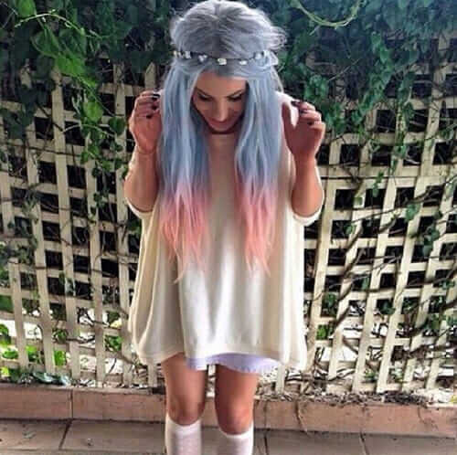 Dip Dyed Blue and Pink Hair with Flower Crown