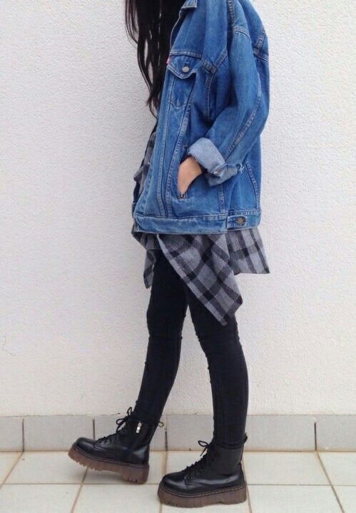 Grunge aesthetic outfit with a denim jacket & combat boots