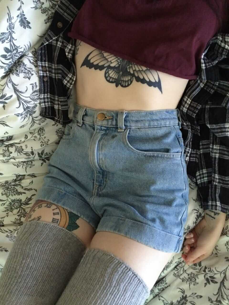 Grunge Outfit with Croptop, Denim Shorts, Flannel and Long Socks