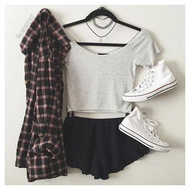 Grunge Outfit with Grey Crop Top, Chokers, Converse Shoes and Flannel