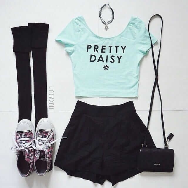 Pastel Grunge Outfit with Pastel Crop Top, Knee High Socks, Chokers, Black Shorts, Floral Converse Shoes and Black Purse