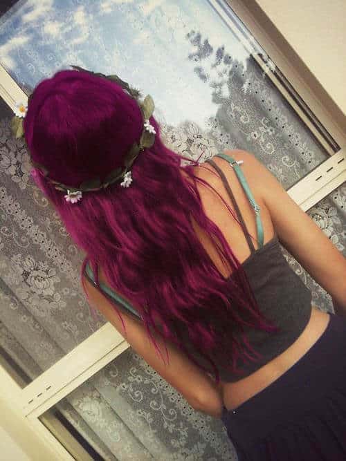 Grunge Purple Wavy Dyed Hairstyle with Flower Crown
