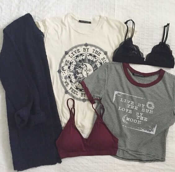 Grunge outfit idea nº13: Navy cardigan jacket, white T, a short Varsity-esque T, maroon bra, and a black bra