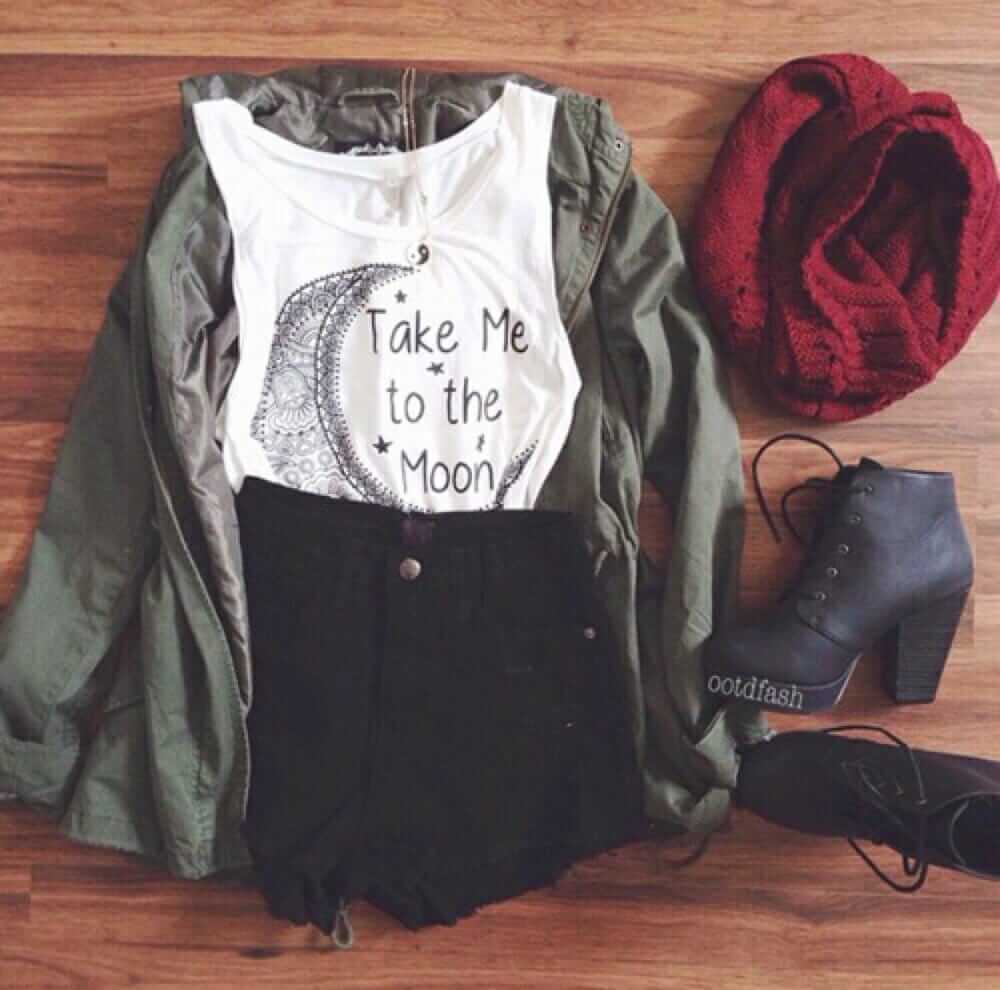 Grunge outfit idea nº2: Green canvass jacket, ripped jean shorts, white Singlet-T, crimson scarf, and lace-up heel boots