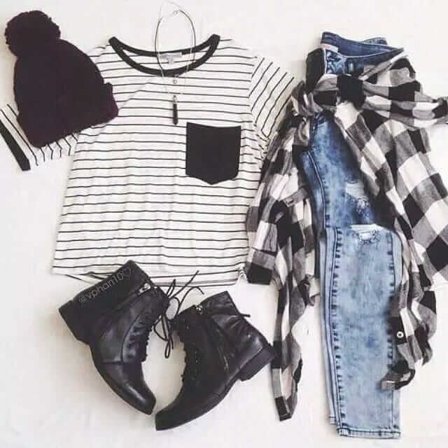 Grunge outfit idea nº5. Ripped jeans, plaid shirt, pin stripe undershirt, beanie, laced light-boots, black crystal necklace