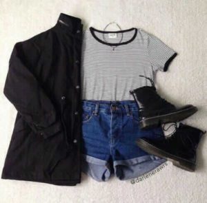 2. Stripe patterned crop top high waisted jean shorts a black over shirt and black combat boots