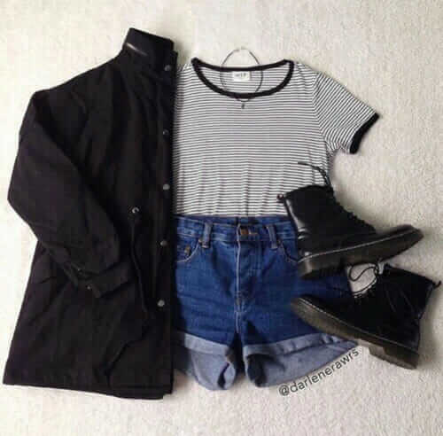 2. Stripe patterned crop top, high-waisted jean shorts, a black over-shirt, and black combat boots