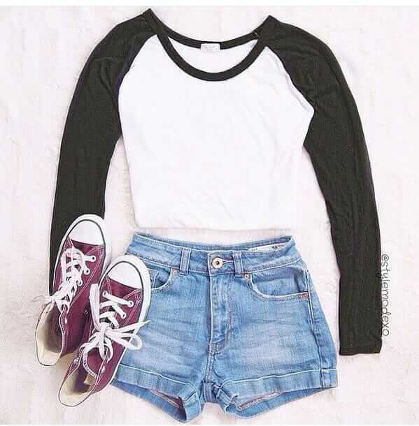 5. A simple Varsity style crop top, with blue denim jean shorts, and cherry red high top Converse All Star Chuck Taylors