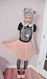 Pastel Pink Tulle Skirt Ardene Black Lace Tights Pink Horse Shoes Floral Crown and a Band T Over a White Collared Dress