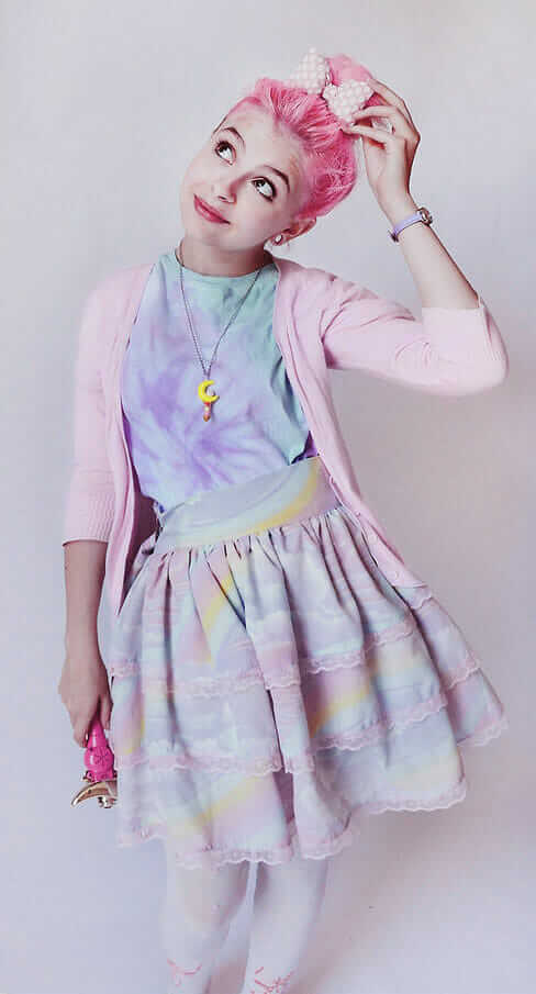 Self-Made Pastel Tie-Dye Shirt, Pastel Clouds Dreamy Layer Skirt, a Chubby Pink Heart Pattern Bow, Pink X White Over Knee Socks, a Baby Pink Cardigan, and a Sailor Moon Wand Necklace