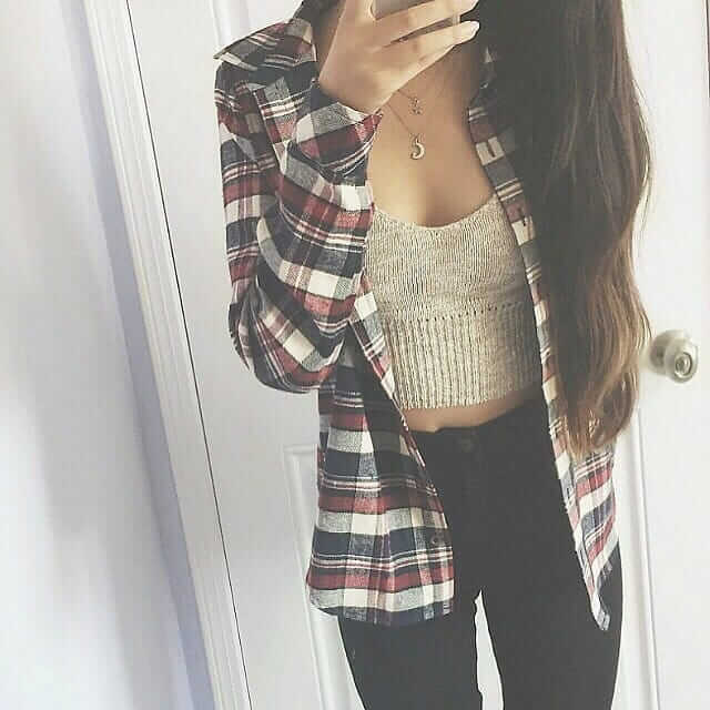 Knitted silk top, thin flannel shirt and black denim jeans