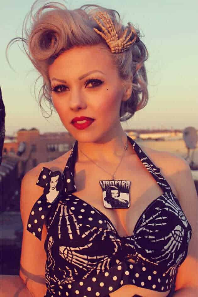 Psychobilly Pin up girl with Skeleton Bra and hair clips