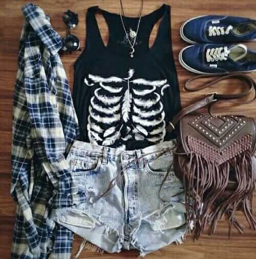 10. Black sleeveless T with skeleton print, tattered jean shorts, navy Vans, dark black shades, a brown tassel hand bag, and a navy and grey-white plaid shirt