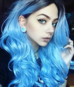 Curly long blue dyed hairstyle