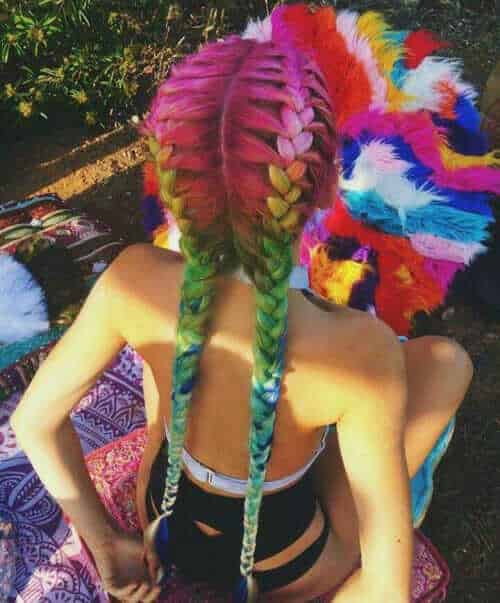 Rainbow coloured hairstyle with double braids