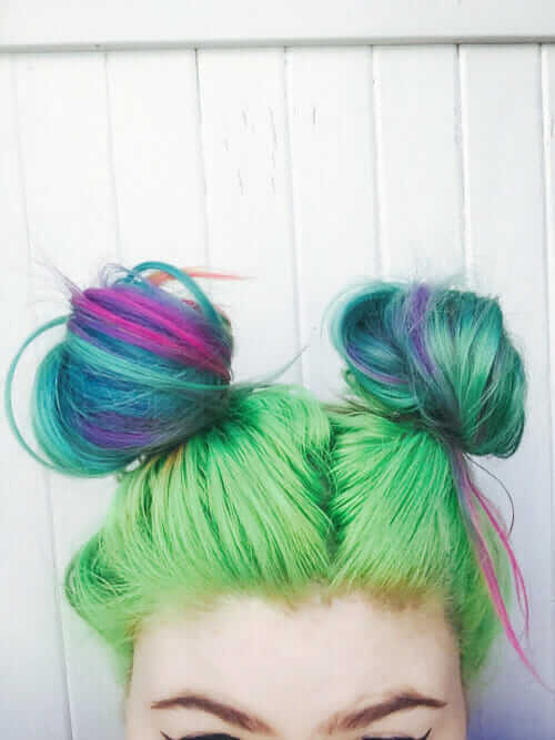 Rainbow hair with turquoise, purple and green space buns