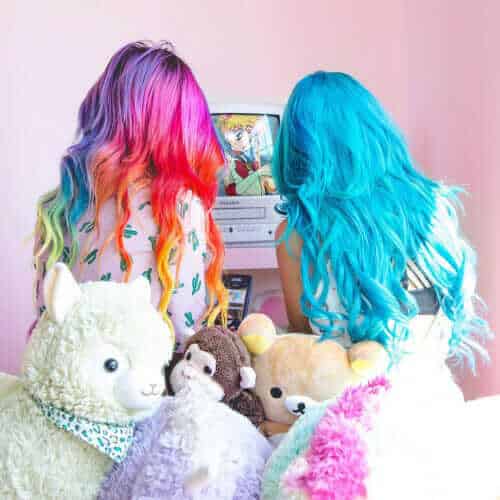 Long curly rainbow hair and blue hair with cute stuffed toys