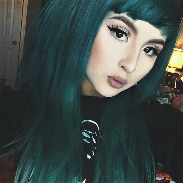 Long dark green hair with bangs by vivxvx