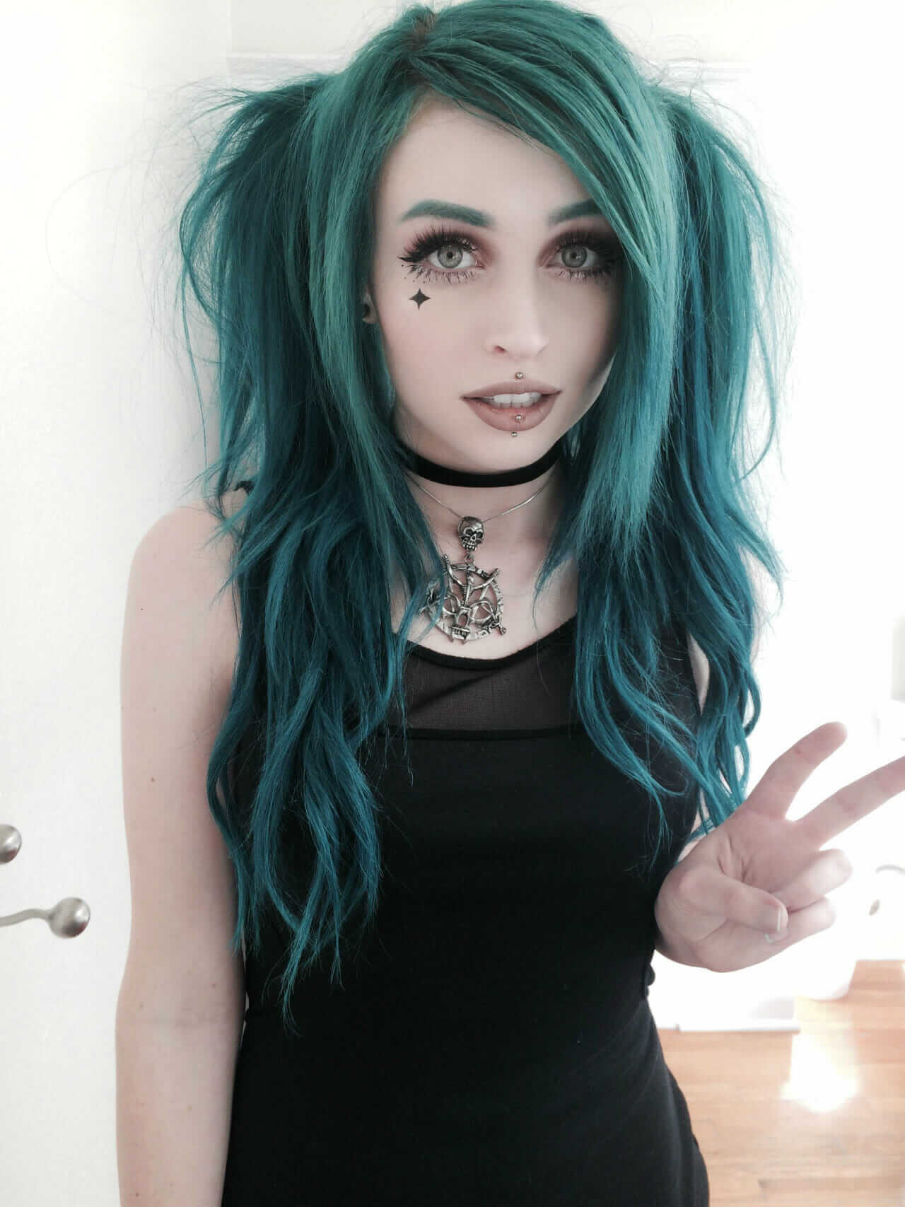 Long dark turquoise dye with bunches hairstyle by j0uzai