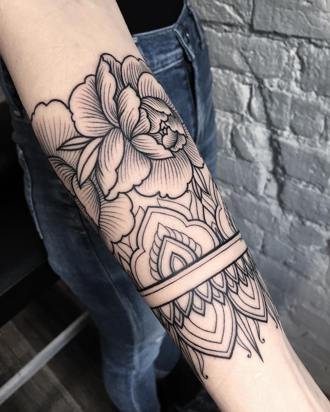 Forearm split rose tattoo by sashatattooing