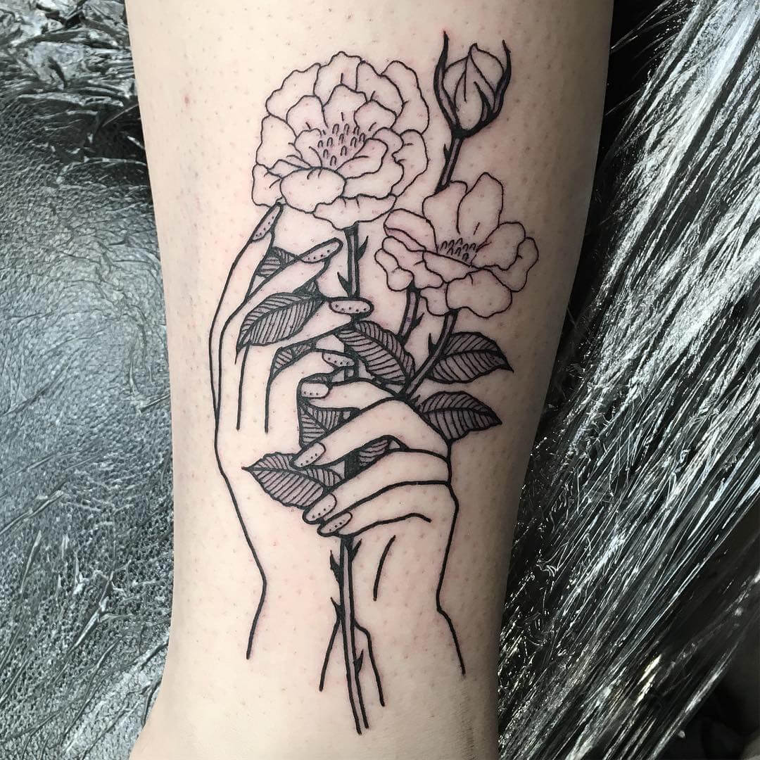 Roses with hands linear tattoo by emilymalice