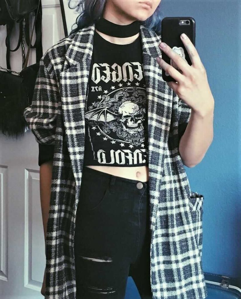 Choker necklace with plaid cardigan, graphic tee & ripped black by athousandchapters