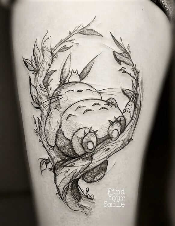 Totoro sleeping on tree tattoo by findyoursmile