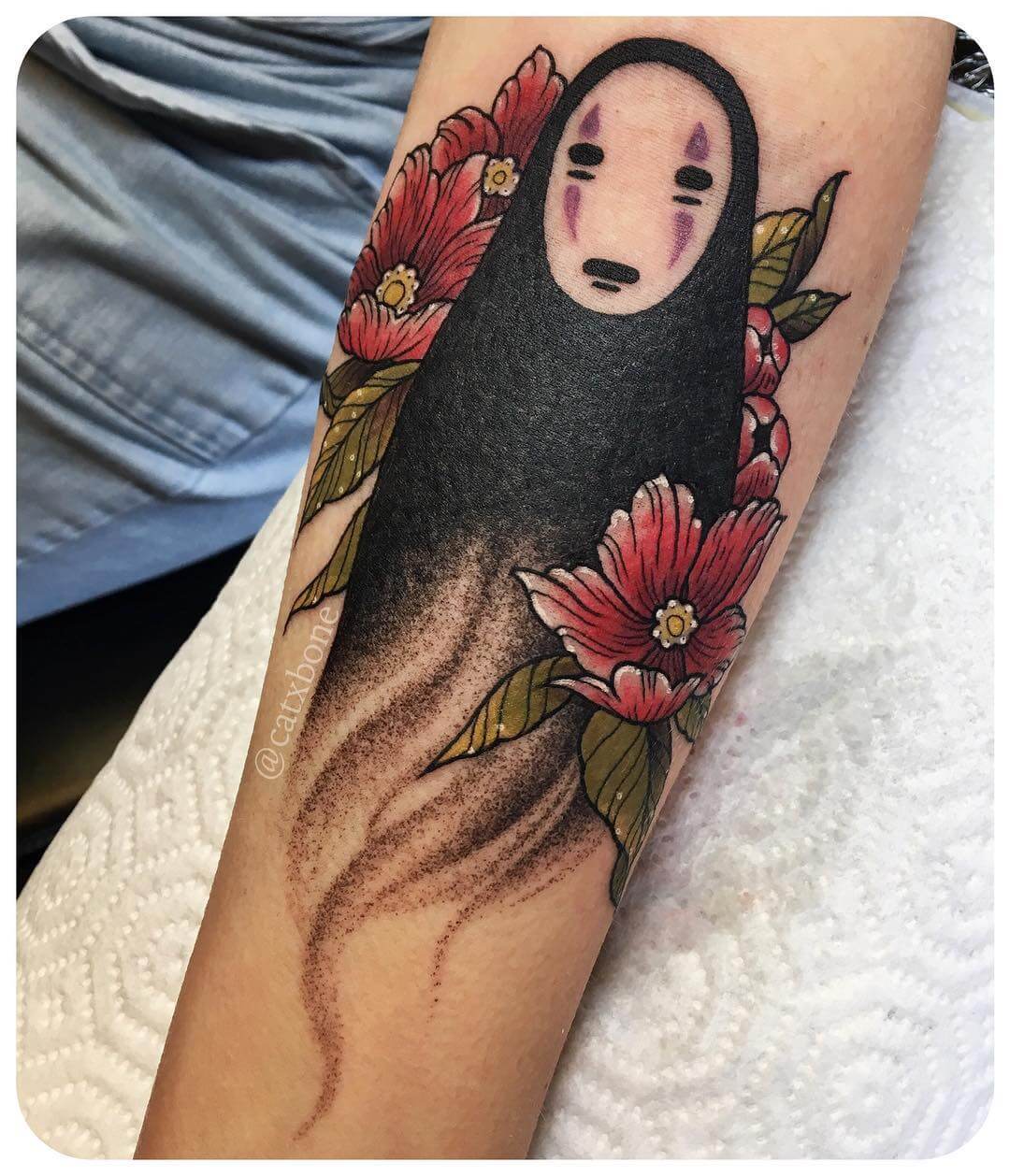 No-face spirit with flowers color tattoo by catxbone
