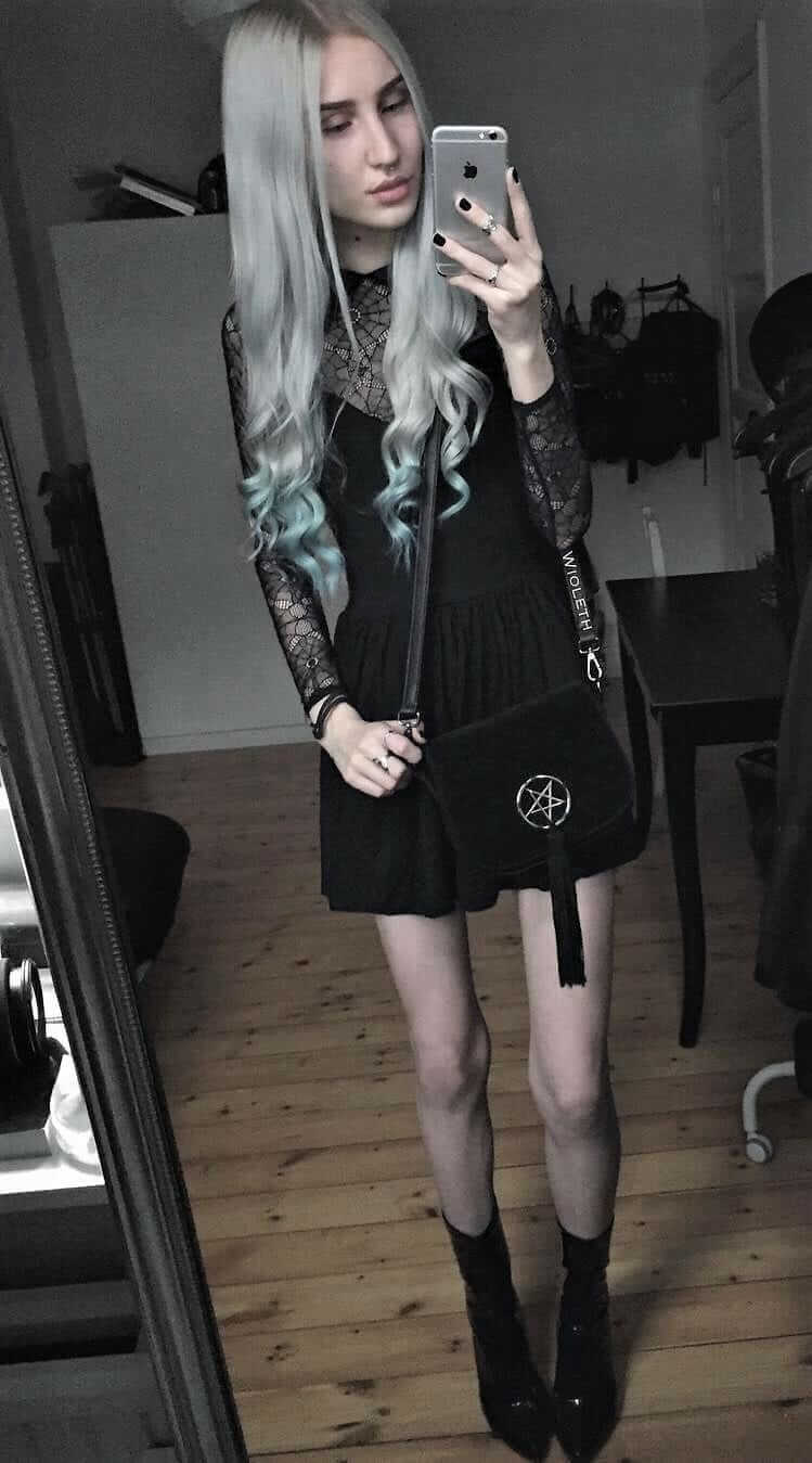 Witchy outfit idea: black dress with pentagram bag & black shoes by wioleth