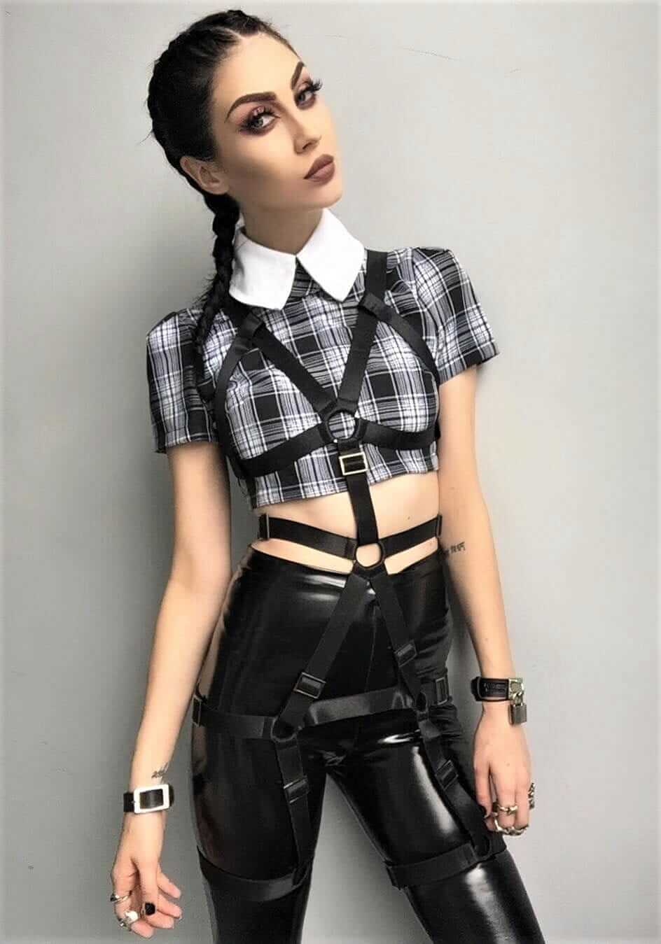 Bib collar on plaid crop top with top harness & faux leather bottom pants by caitmarks