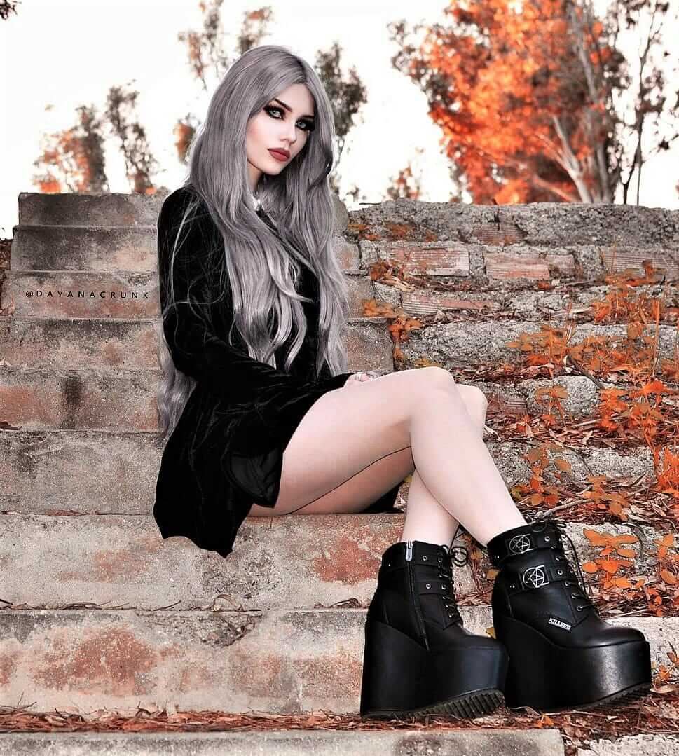 Velvet black dress with platform boots by dayanacrunk