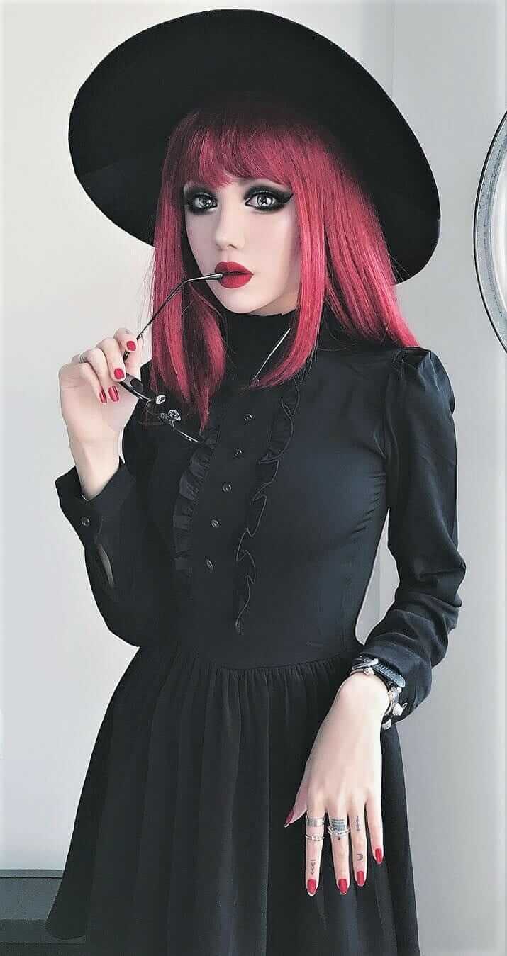 Witchy outfit idea: long round hat with high neck ruffled dress by kinashen