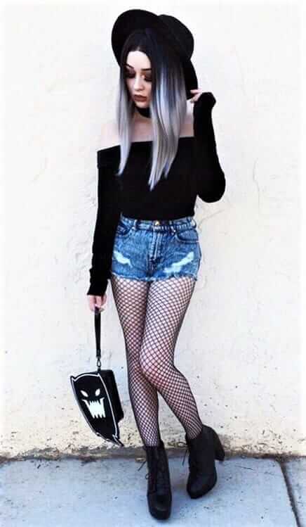 Black round hat with bardot top, denim shorts, oversized fishnet tights & black lace-up platform boots by xdeceiver