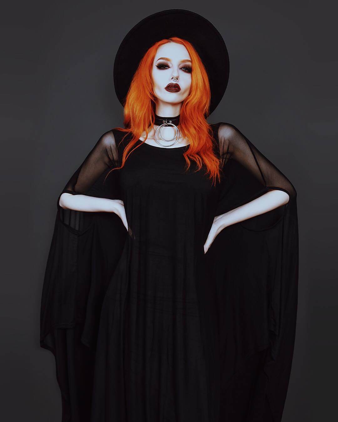 Witchy outfit idea: black round brim hat with flowing kimono sleeve maxi dress by aycarter