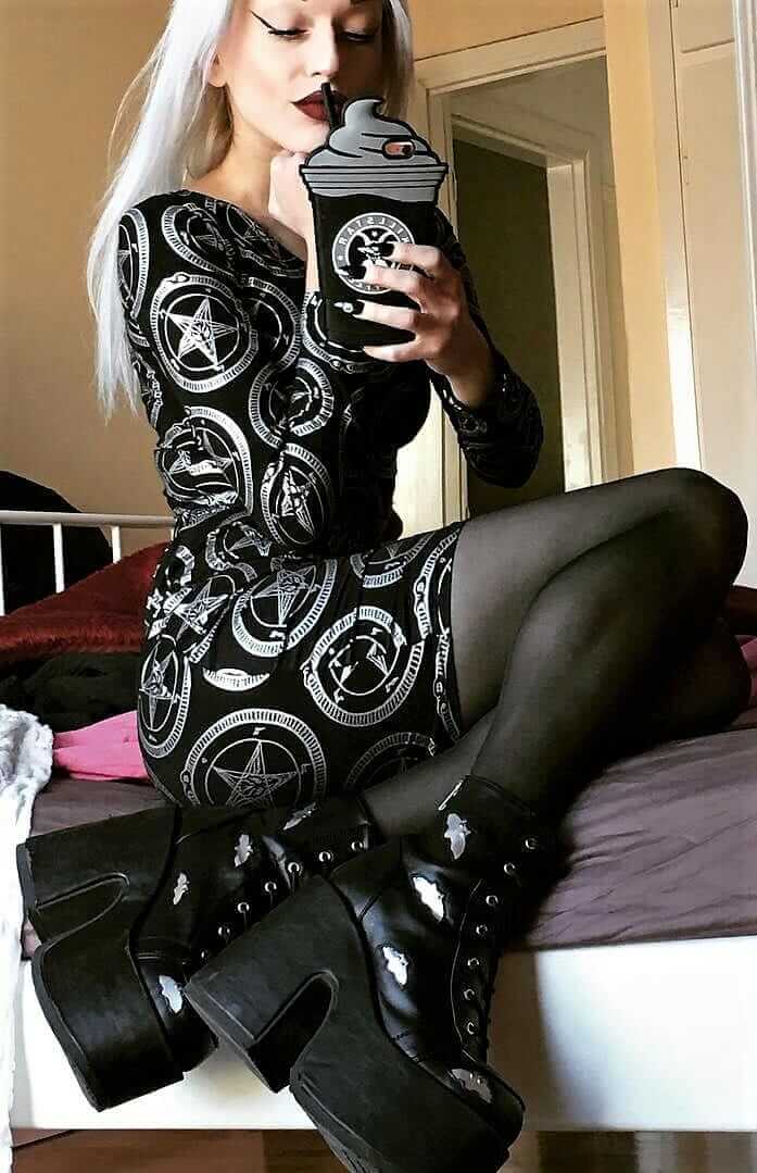 Cute witchy outfit idea: bodycon stars black dress, pantyhose & bats platform boots by deathcandy