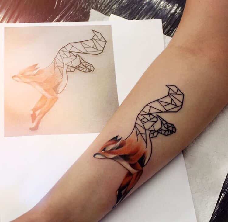 Geometric split body fox tattoo by yershova_anna