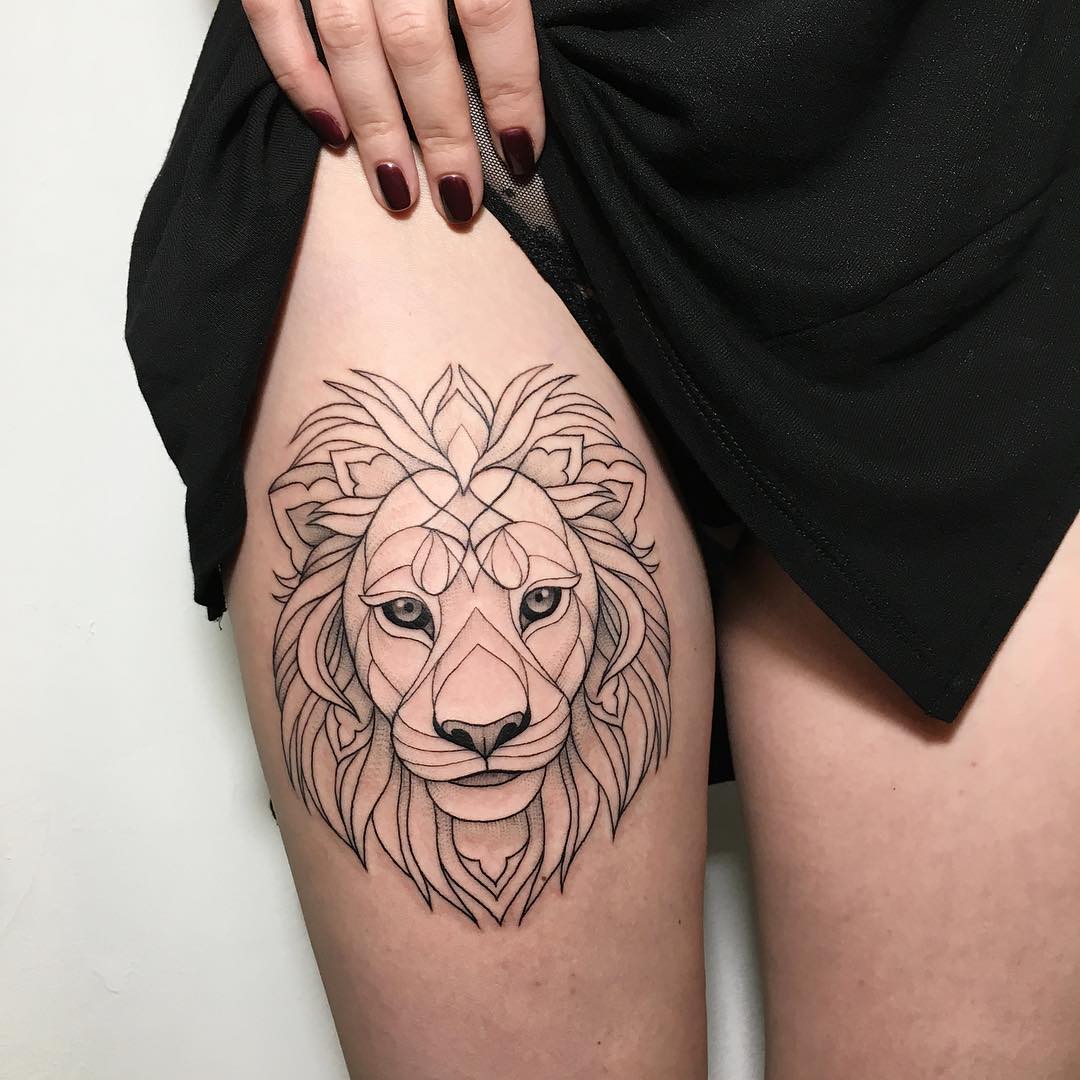 Geometric lion head linework tattoo by ira_shmarinova
