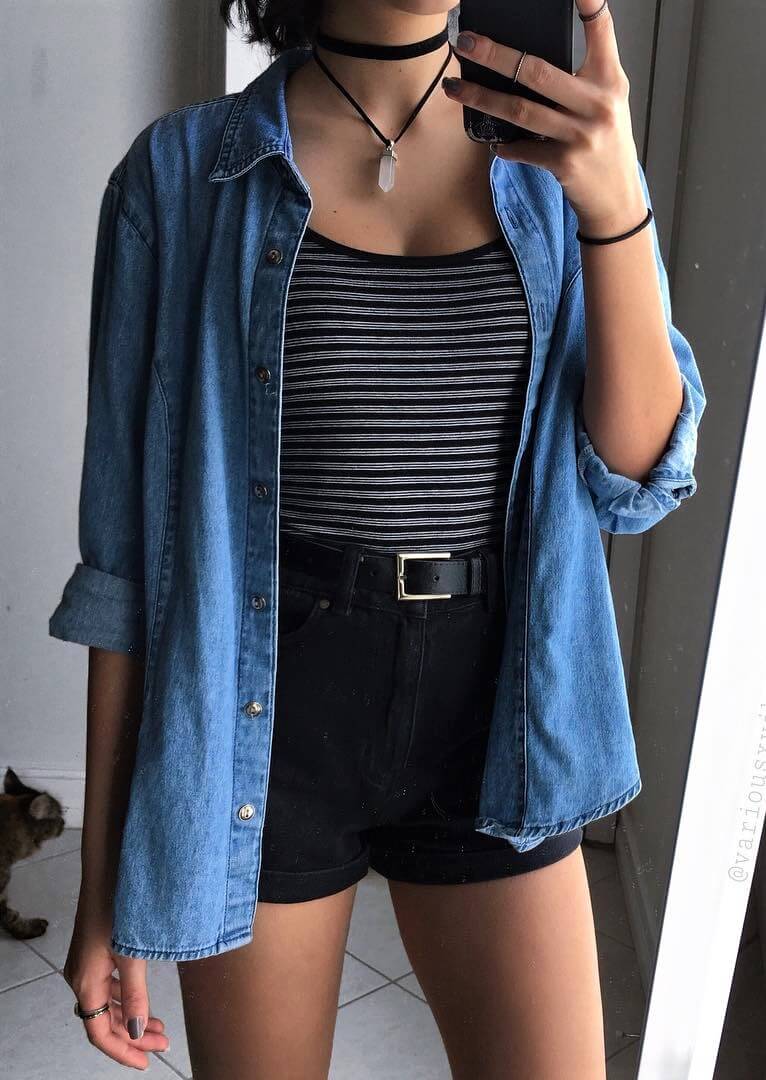 Spring grunge outfit idea: necklace, flannel, stripped top & shorts by variousxvibes