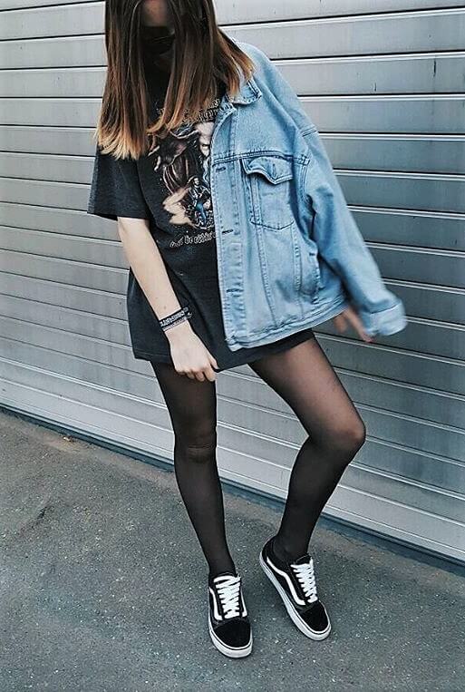 Soft grunge outfit: sunglasses, band oversized graphic top, denim jacket, tights & Vans shoes by nele.smnvs