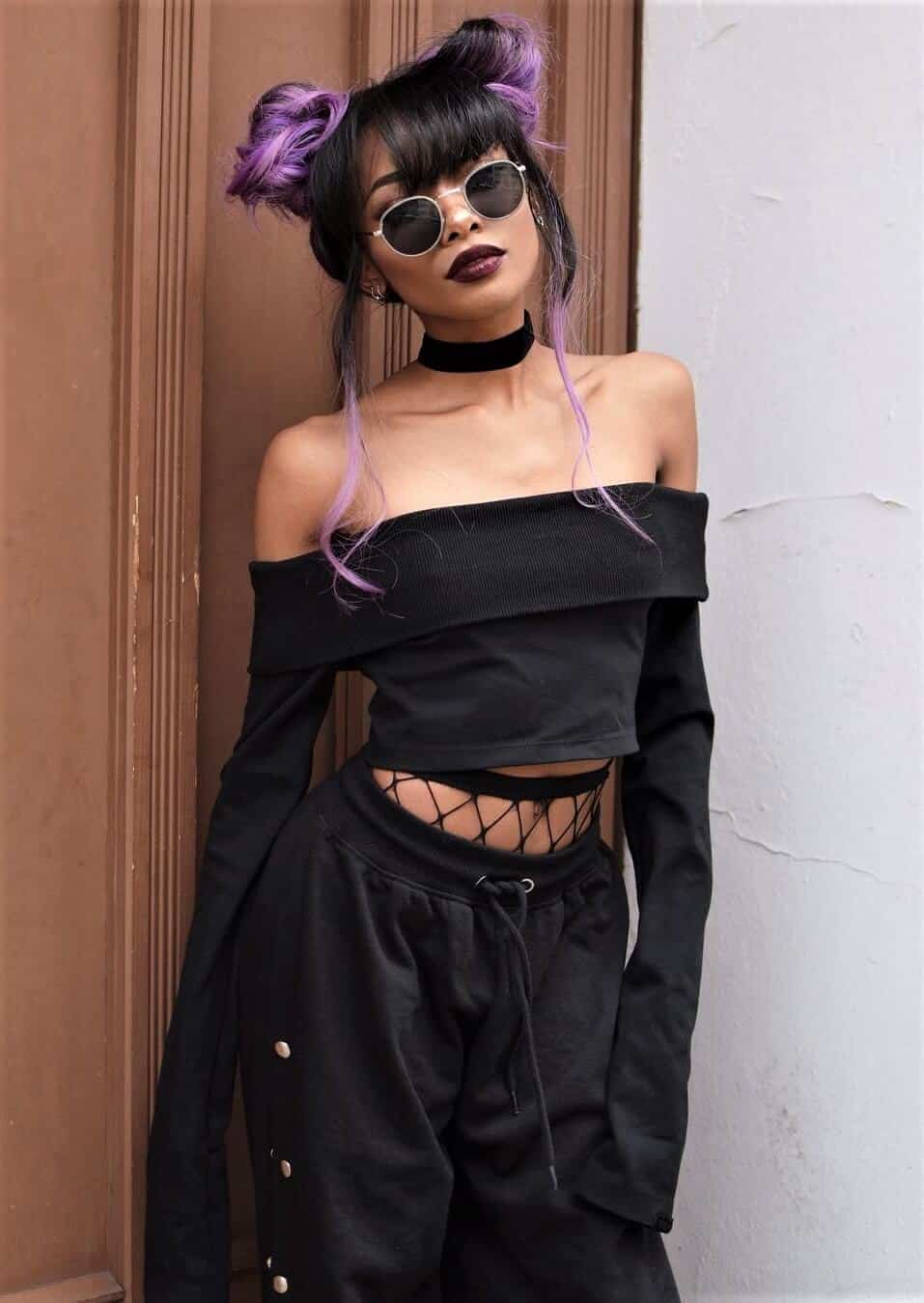 Bold choker necklace with sunglasses, off-the-shoulder black top, fishnet tights & active pants by nyanelebajoa