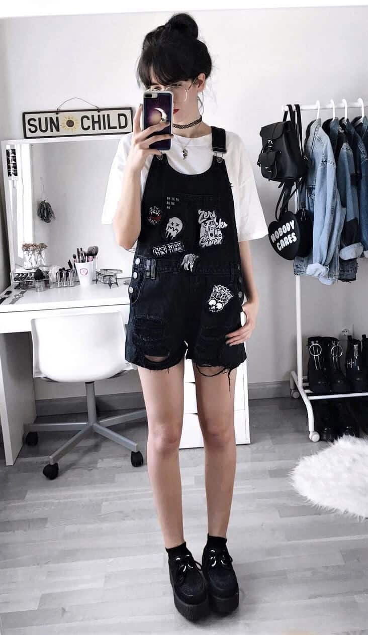 Outfit with choker necklace idea: Tattoo choker necklace with white shirt, black denim dungarees & black creeper shoes by deaddsouls