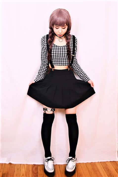Outfit with choker idea: black collar choker with bodycon crop top, suspender skirt, thigh high socks & creeper shoes by lovelyblasphemy