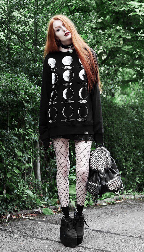 Heart locket choker with moon phases sweater, shorts, oversized fishnet tights & platform boots by oliviaemilyx