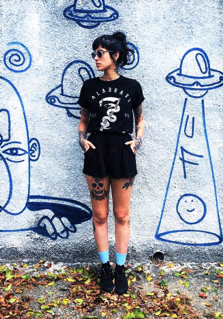 Sunglasses with printed tee, elastic shorts & black shoes by maybrumm
