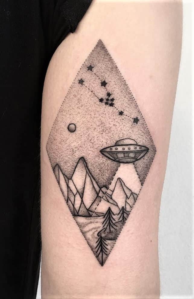 UFO and sky with constellation arm tattoo by dearemilyann