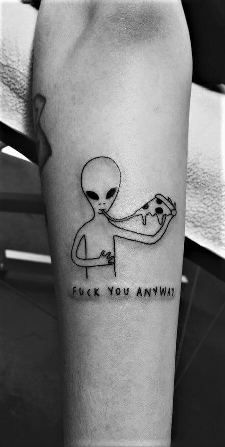 Alien eating pizza forearm tattoo