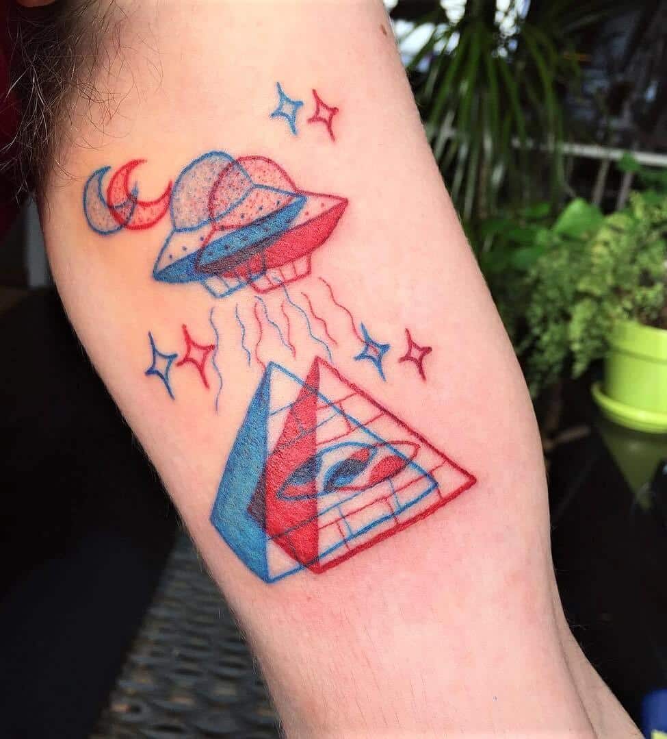 Anaglyph UFO & pyramid tattoo by winstonthewhale