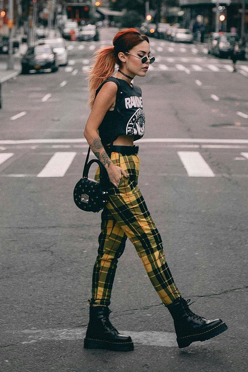 90s grunge look: Vintage band printed shirt, choker necklace, round glasses, plaid pants & Dr Martens boots by luanna