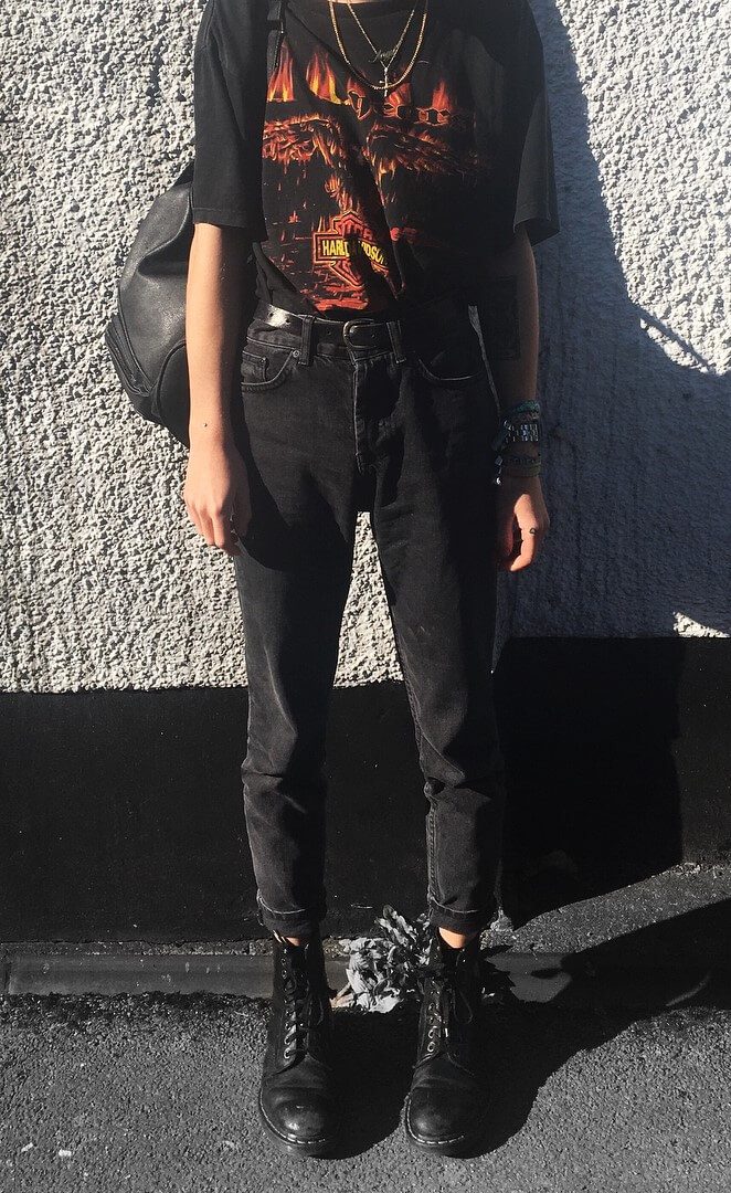 Vintage graphic printed tee, black jeans & combat boots by pilky_