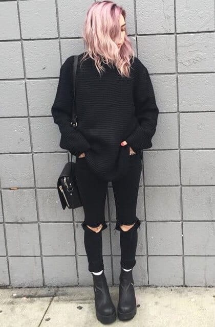 Oversized knitted sweater with black ripped pants & boots by wildfyyyre
